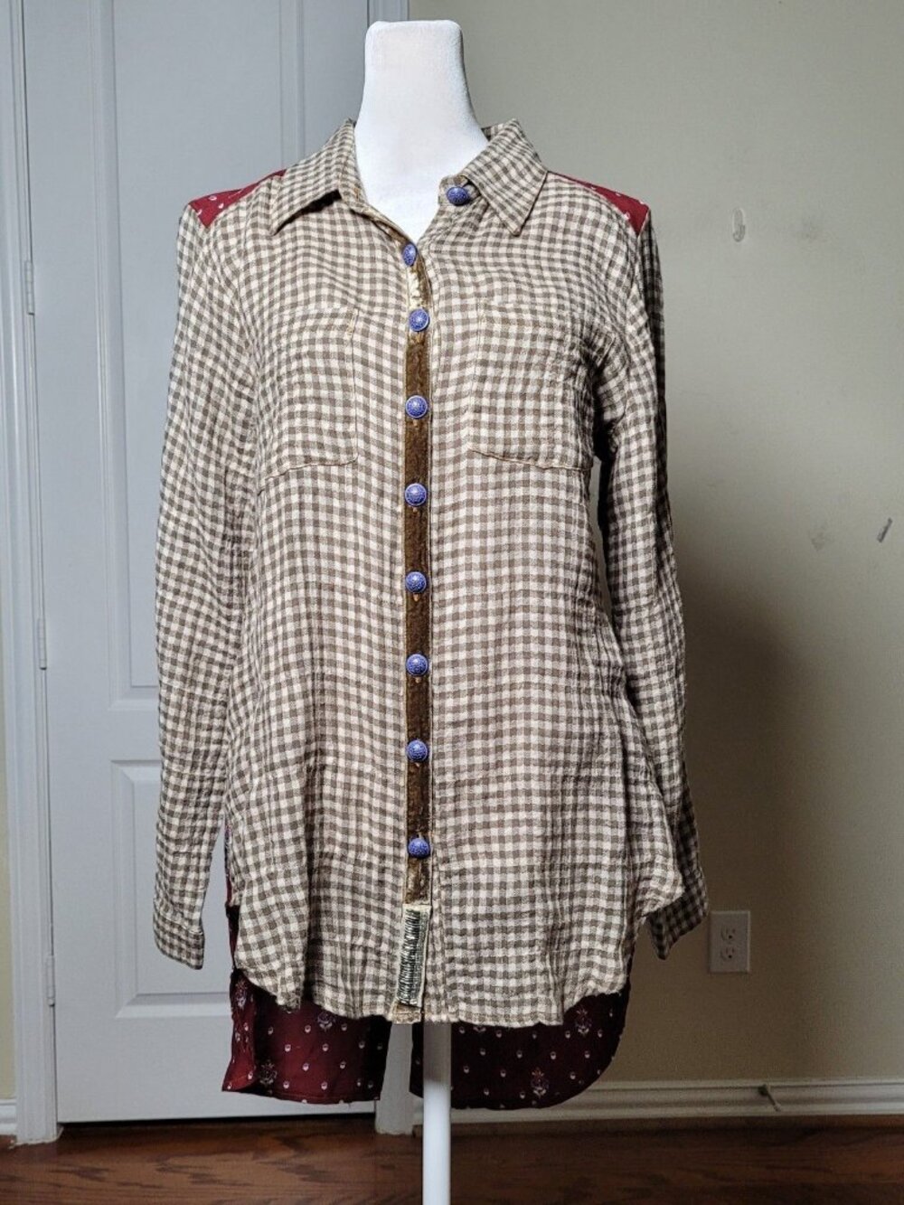 Aratta Tunic Top Red Brown S Velvet Boho Artsy Beaded Embroidered Mixed Media